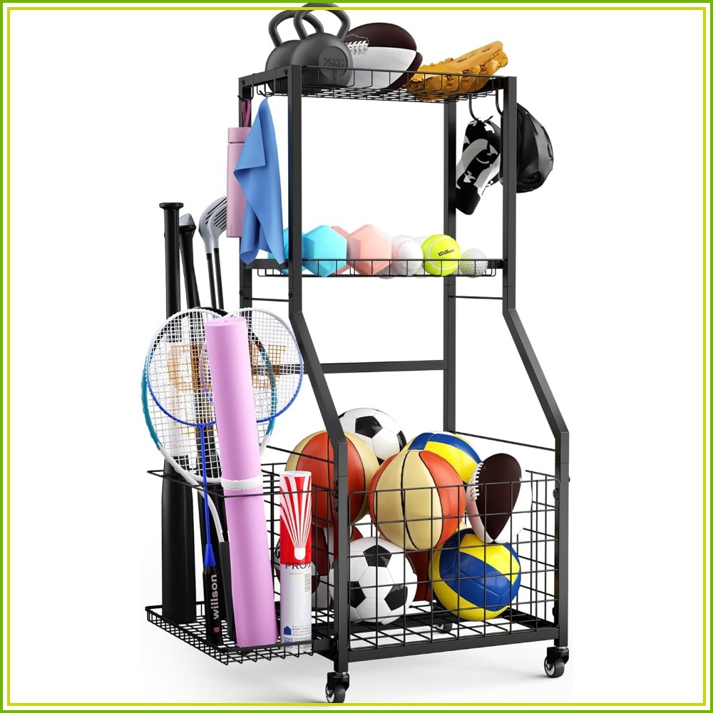 Sports Equipment Garage Organizer - 3-Tier Garage Ball Storage Rack on