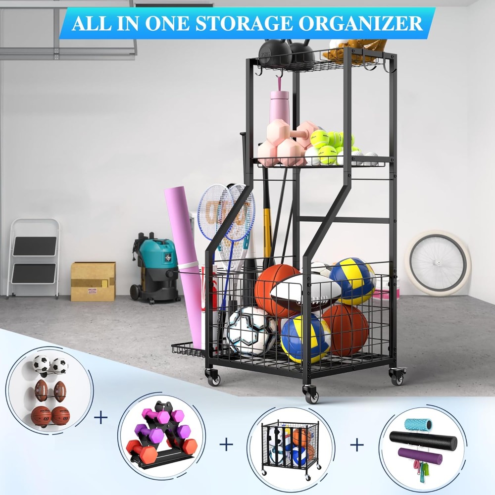 3-Tier Garage Ball Storage Rac - Sports Equipment Garage Organizer reseña y precio